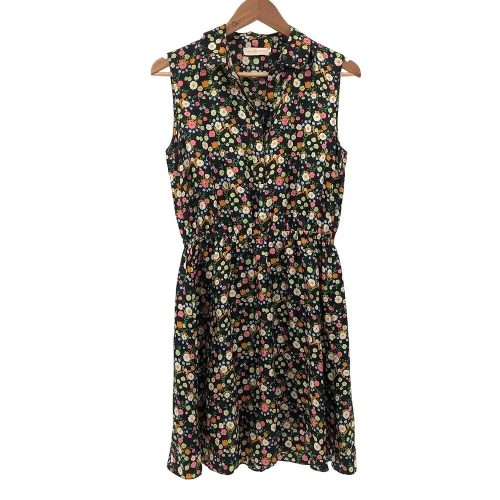 Tory Burch Ryder 100% Silk Floral Shirt Dress Navy Multicolor Size 4 Midi